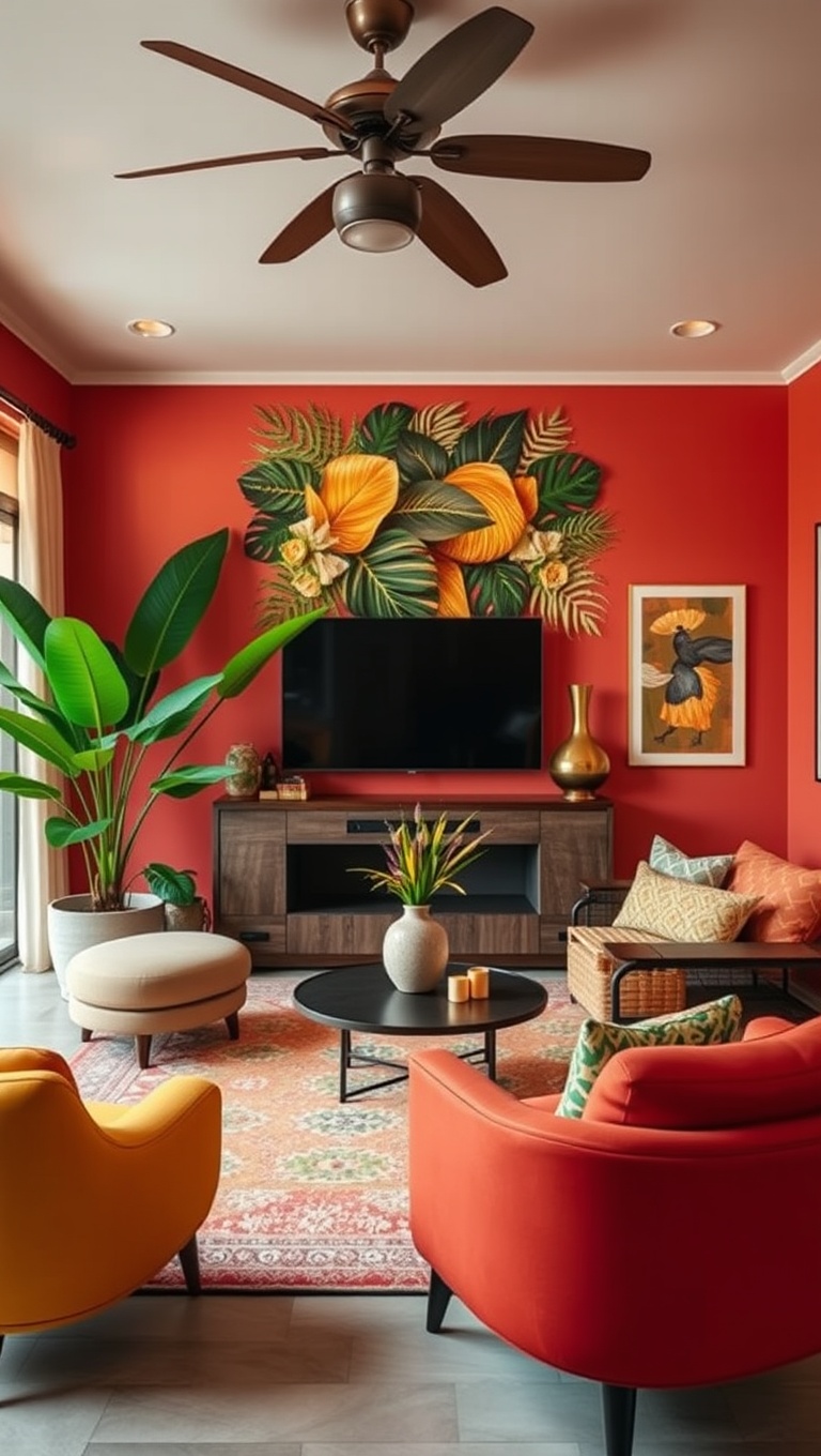 20 Tropical Living Room Ideas to Bring Paradise Home - 1. Bright and Bold Color Palettes: Think Greens, Yellows, and Corals!