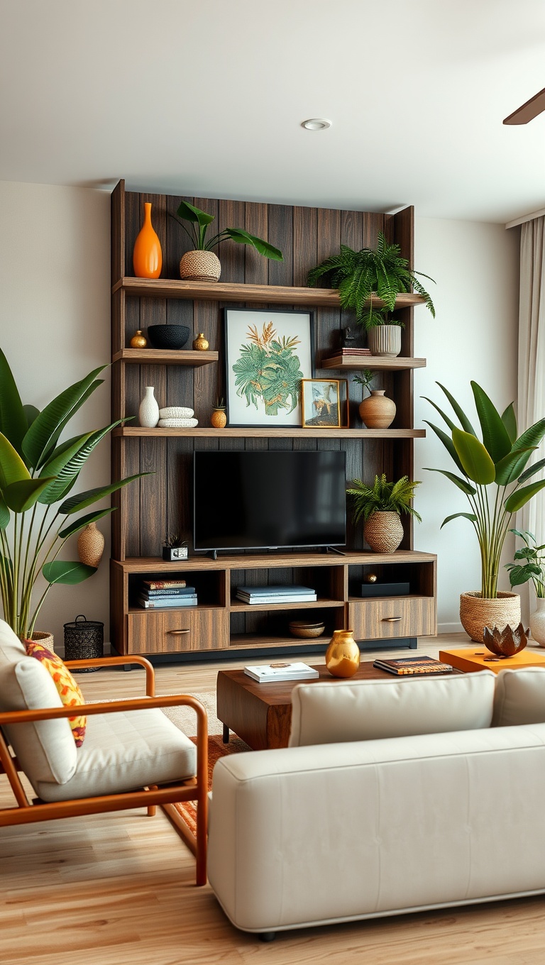 20 Tropical Living Room Ideas to Bring Paradise Home - 11. Open Shelving: Showcase Your Tropical Decor