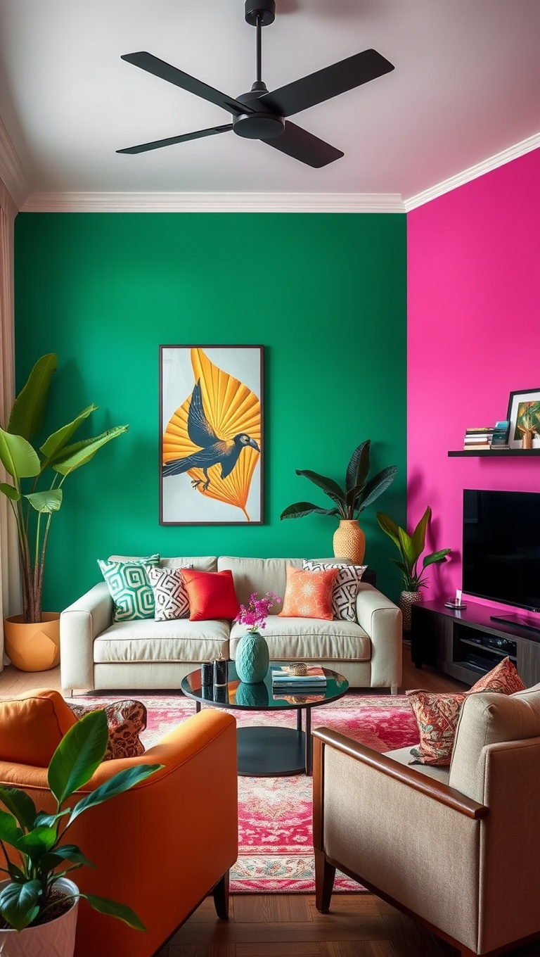 20 Tropical Living Room Ideas to Bring Paradise Home - 12. Brightly Colored Accent Walls: A Bold Makeover