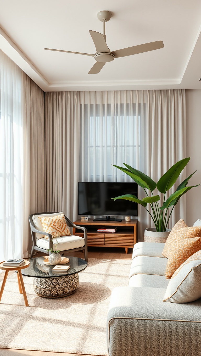 20 Tropical Living Room Ideas to Bring Paradise Home - 3. Light and Airy Fabrics: Sheer Curtains for a Breezy Feel