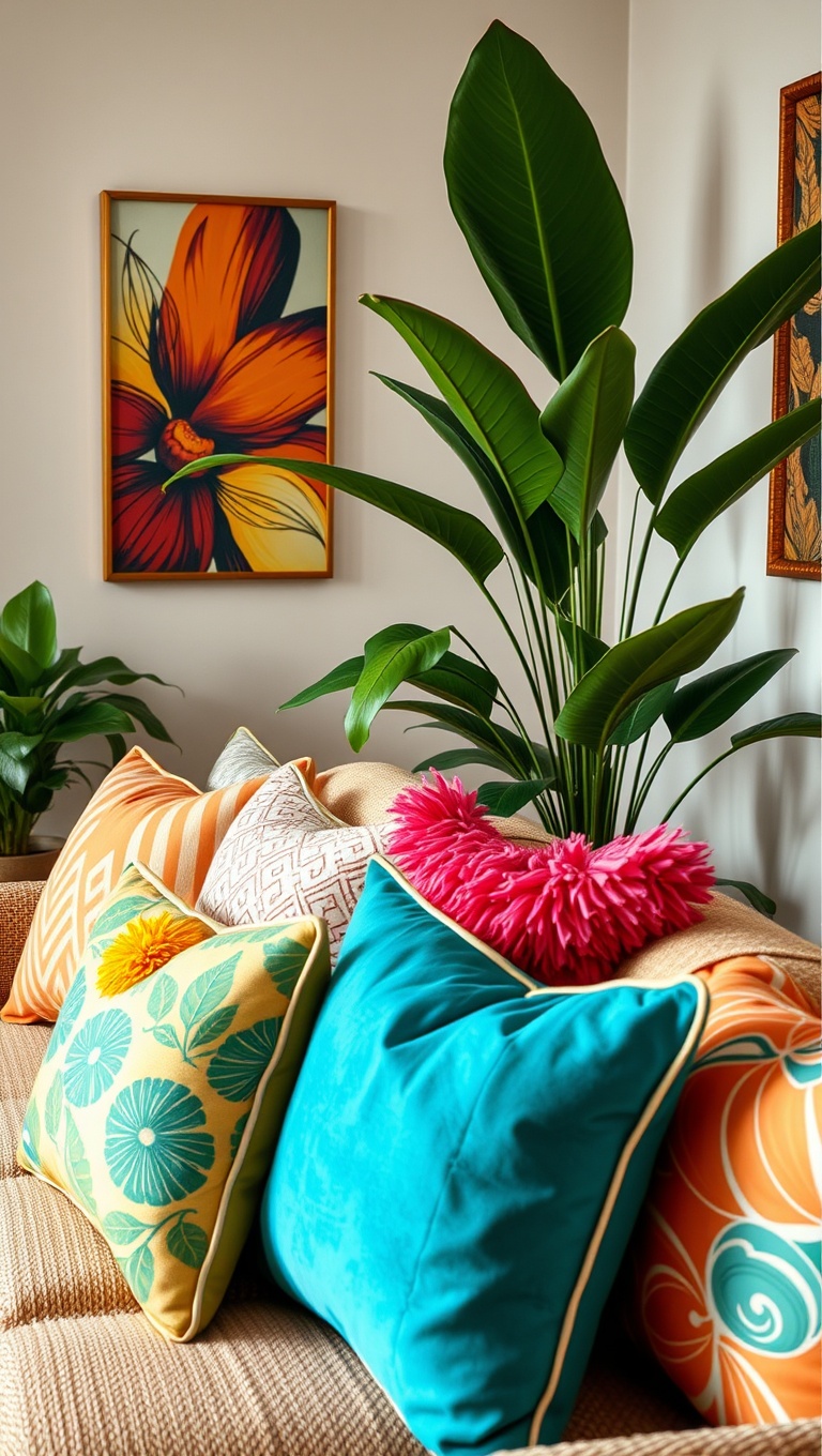 20 Tropical Living Room Ideas to Bring Paradise Home - 6. Fun and Funky Throw Pillows: Splash of Color and Texture