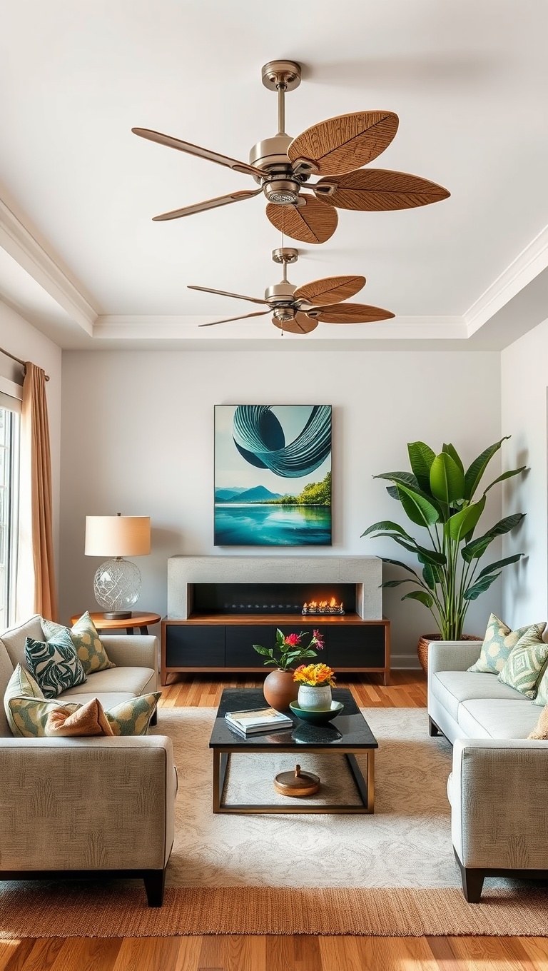 20 Tropical Living Room Ideas to Bring Paradise Home - 10. Statement Ceiling Fans: Functional and Fabulous