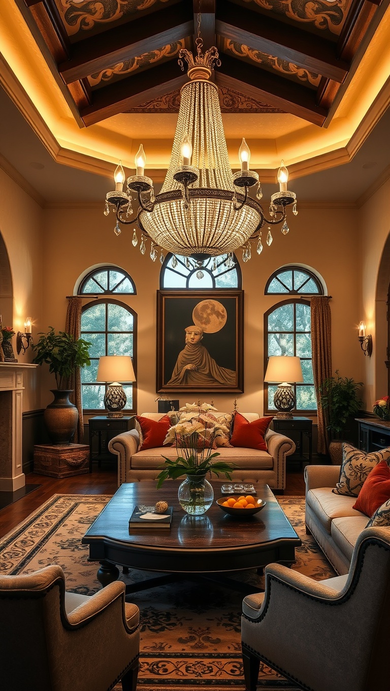 20 Charming Ideas for Your Tuscan Living Room - 9. Majestic Chandeliers: Light Up Your Space with Style