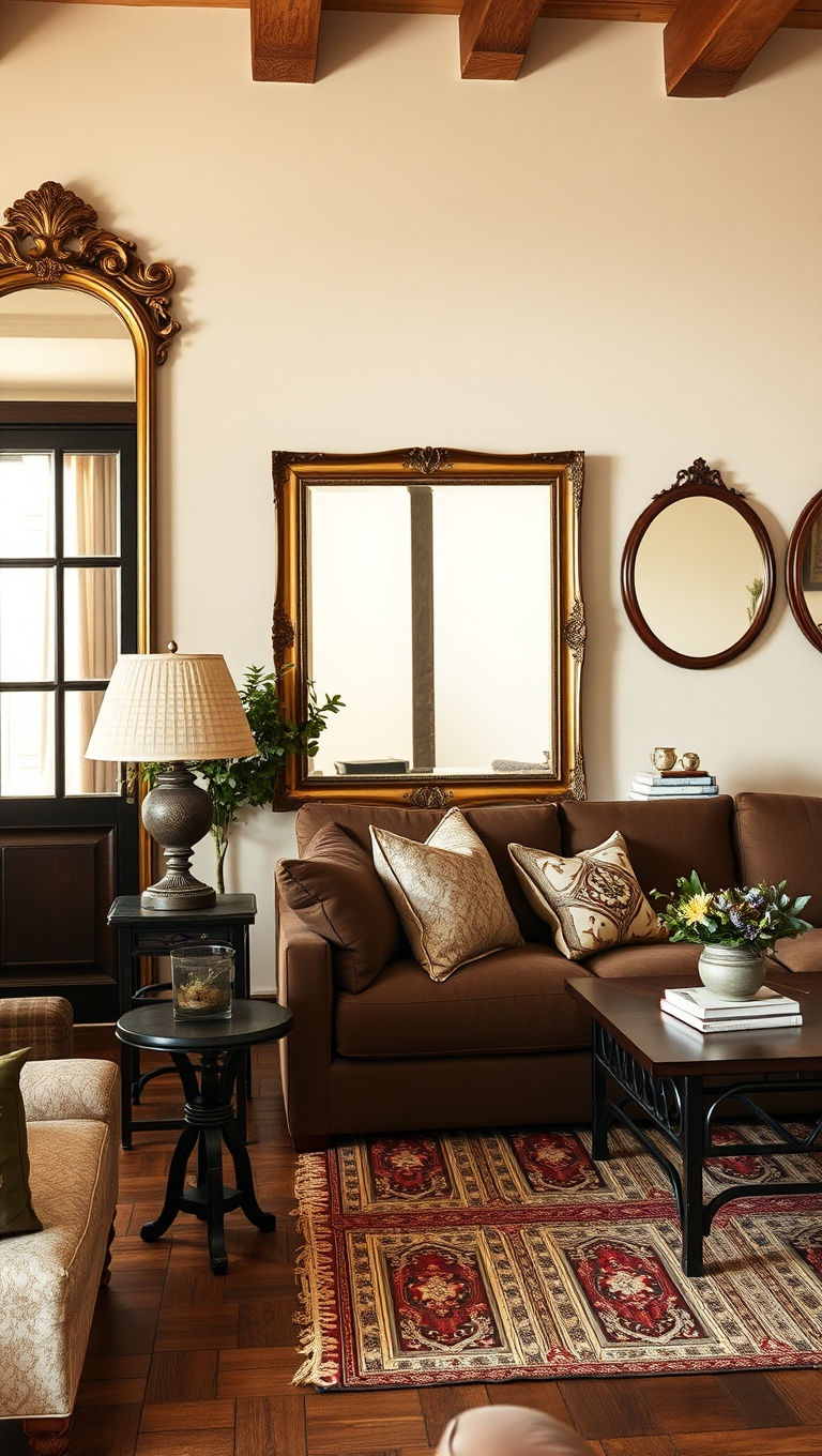 20 Charming Ideas for Your Tuscan Living Room - 16. Vintage Mirrors: Make Your Space Feel Bigger