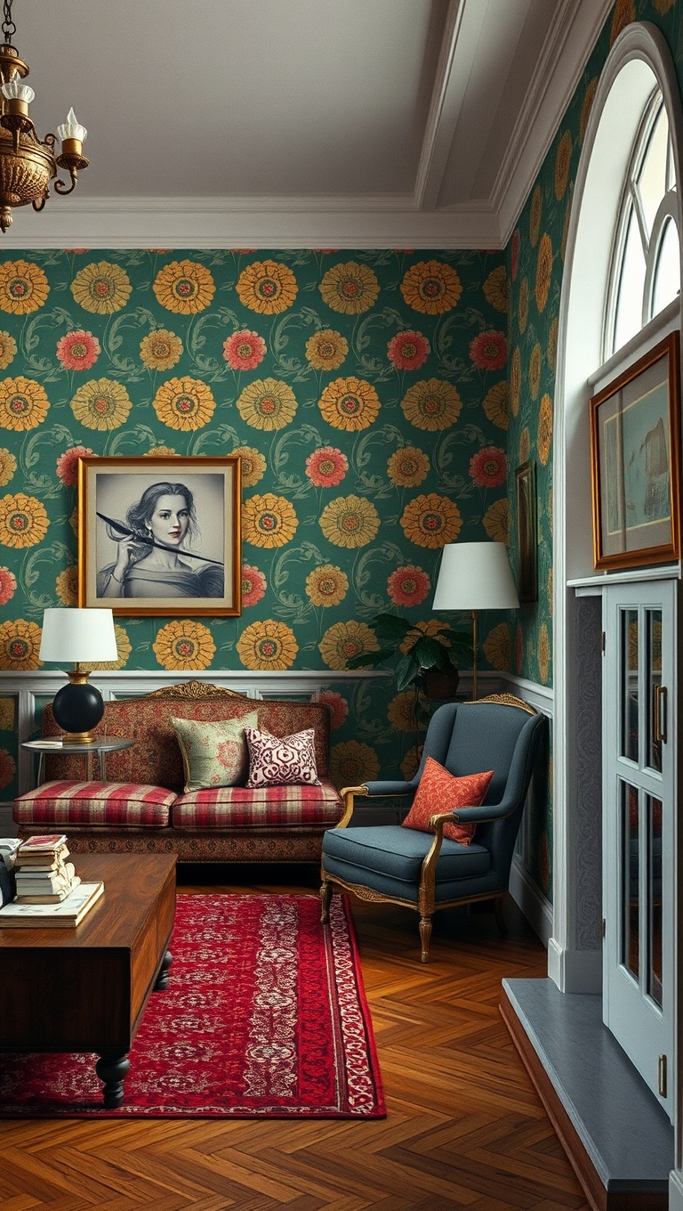 20 Charming Ideas to Create Your Dream Vintage Living Room - 5. Use Bold Retro Wallpaper