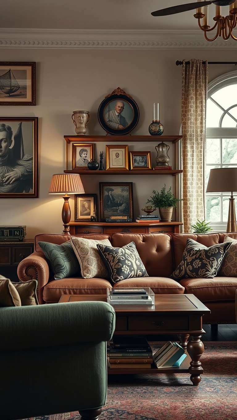 20 Charming Ideas to Create Your Dream Vintage Living Room - 4. Showcase Antique Treasures on Shelves