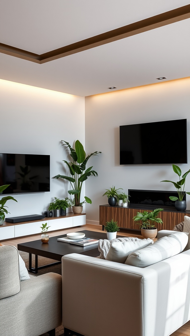 20 Creative Ideas to Transform Your Wall-Mounted TV Living Room - 5. Nature's Best: Incorporating Indoor Plants
