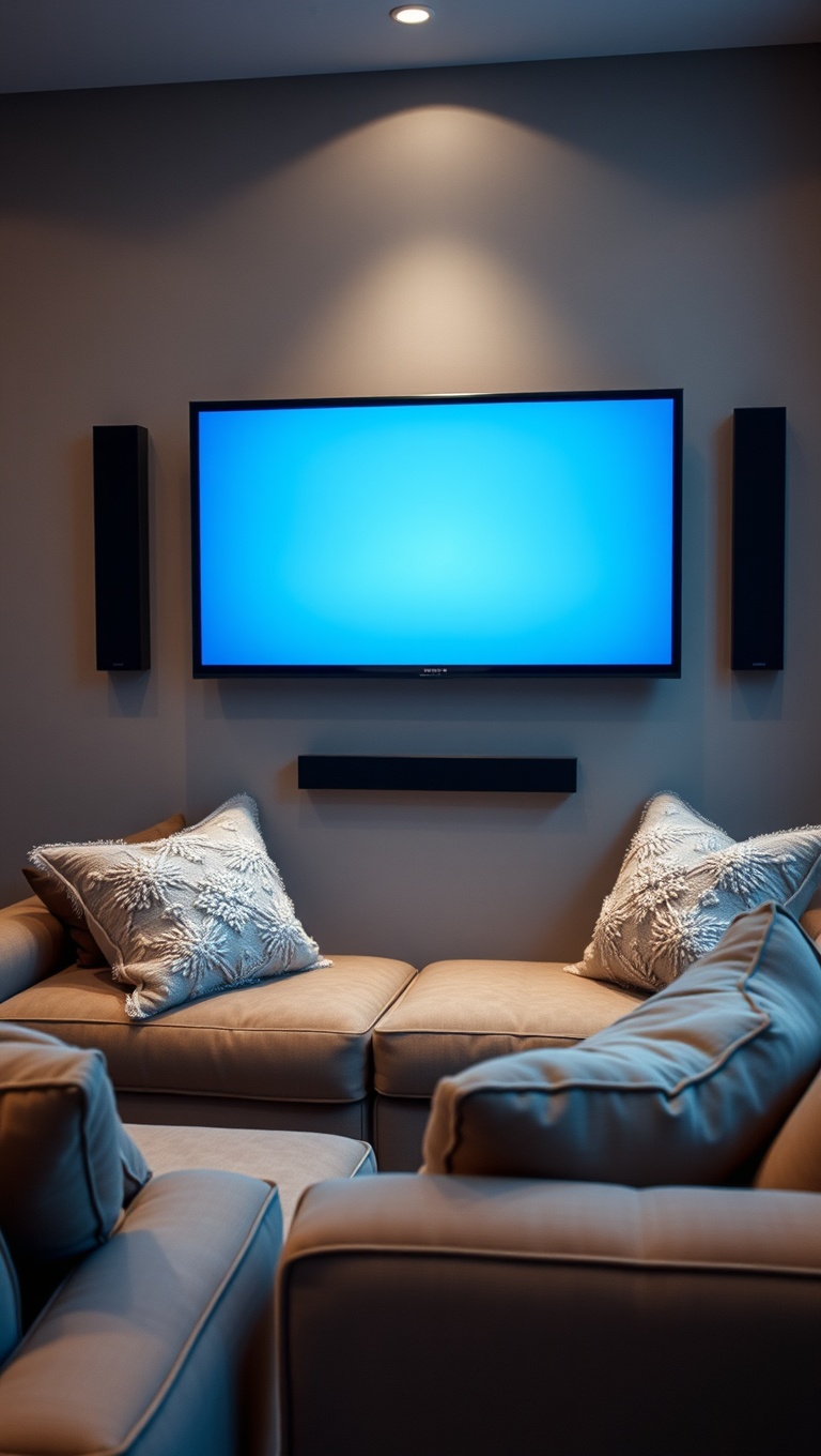 20 Creative Ideas to Transform Your Wall-Mounted TV Living Room - 13. Cozy Movie Nook: Loveseats and Plush Pillows