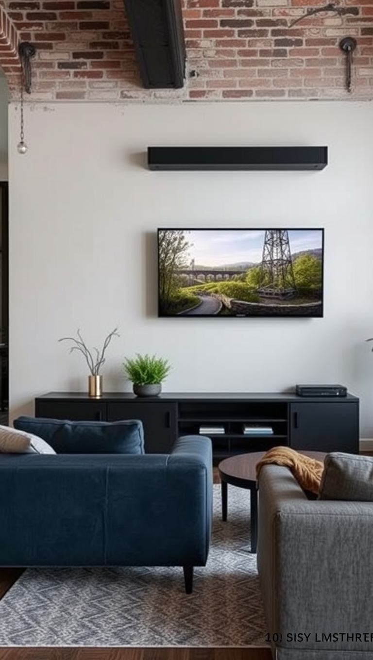20 Creative Ideas to Transform Your Wall-Mounted TV Living Room - 14. Industrial Chic: Exposed Brick and Metal Finishes