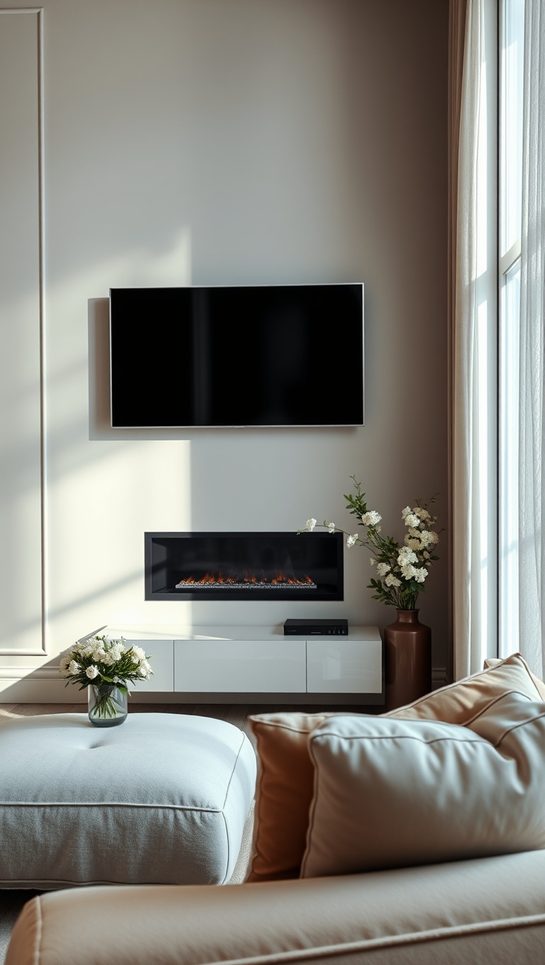20 Creative Ideas to Transform Your Wall-Mounted TV Living Room - 9. Sophisticated Elegance: Neutral Tones and Soft Fabrics