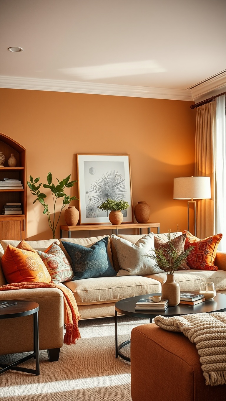 20 Cozy Ideas to Brighten Up Your Warm-Toned Living Room - 15. Accessorize with Decorative Cushions