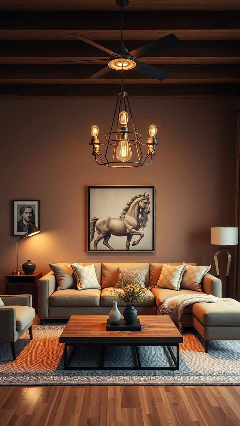 20 Cozy Ideas to Brighten Up Your Warm-Toned Living Room - 17. Choose Warm Lighting Fixtures