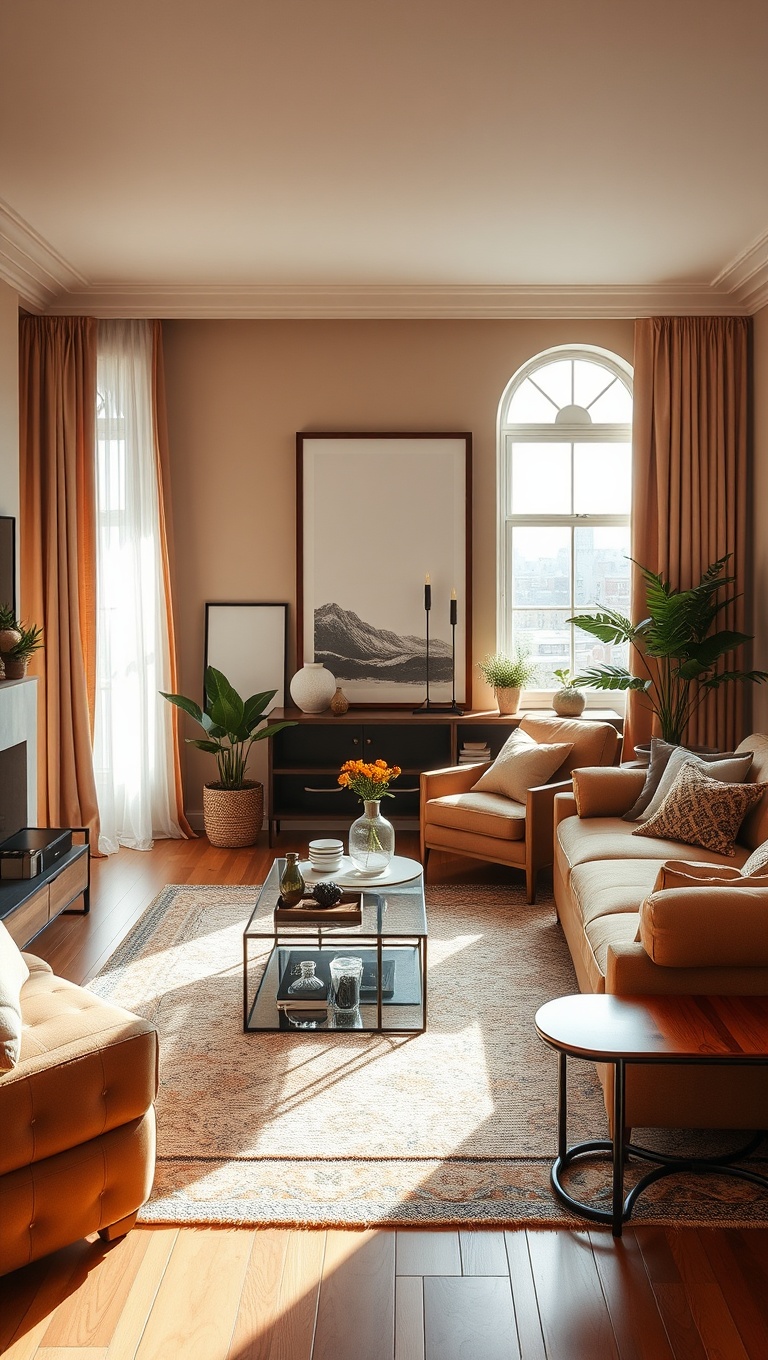 20 Cozy Ideas to Brighten Up Your Warm-Toned Living Room - 18. Use Mirrors to Reflect Warm Light