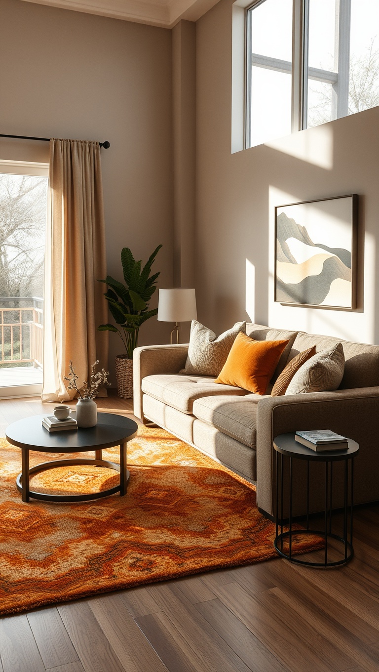 20 Cozy Ideas to Brighten Up Your Warm-Toned Living Room - 8. Use Warm-toned Rugs for Comfort
