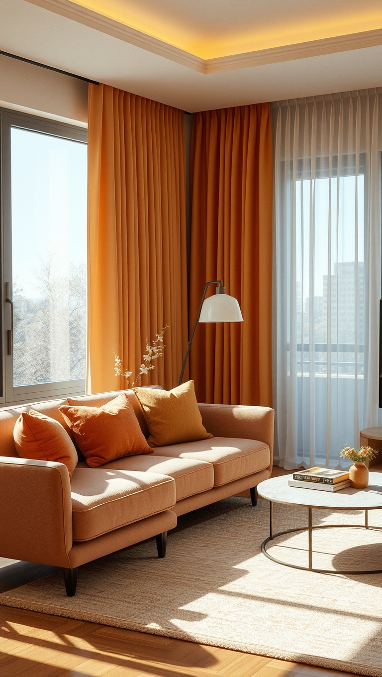 20 Cozy Ideas to Brighten Up Your Warm-Toned Living Room - 10. Choose Warm-toned Curtains for Softness