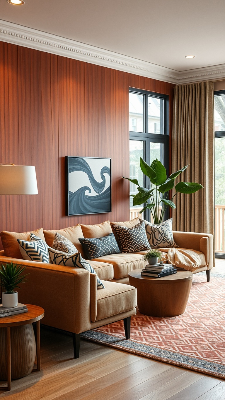20 Cozy Ideas to Brighten Up Your Warm-Toned Living Room - 11. Mix and Match Patterns for Fun