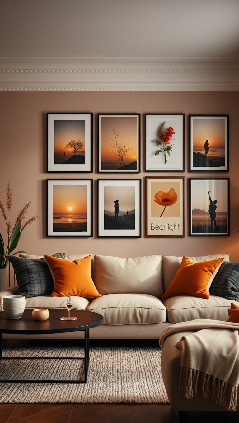 20 Cozy Ideas to Brighten Up Your Warm-Toned Living Room - 4. Create a Gallery Wall with Warm-toned Art
