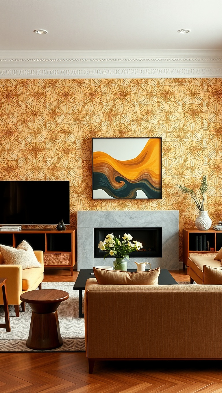 20 Cozy Ideas to Brighten Up Your Warm-Toned Living Room - 9. Design a Statement Wall with Bold Wallpaper