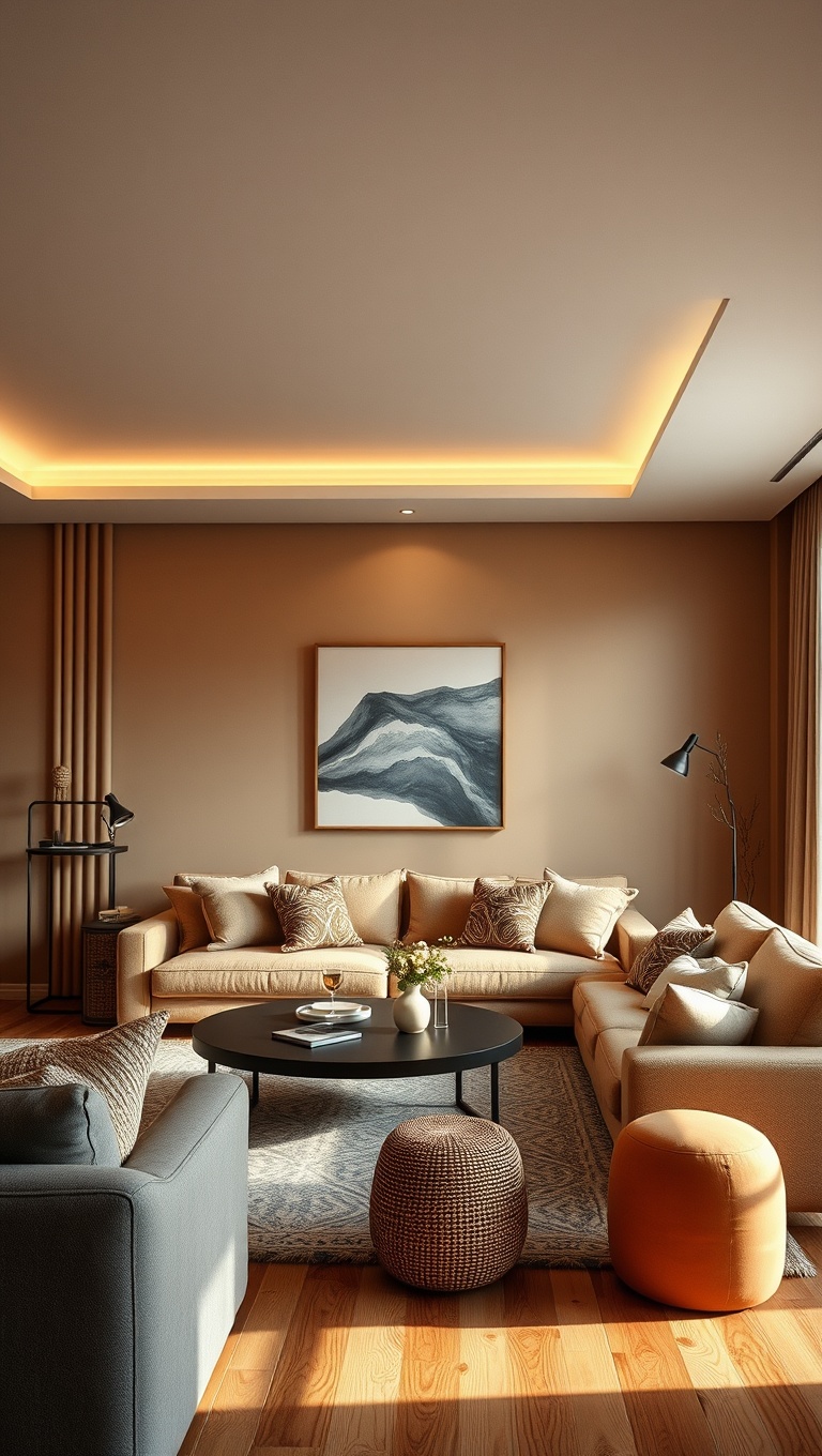 20 Cozy Ideas to Brighten Up Your Warm-Toned Living Room - 5. Use Soft Lighting to Set the Mood