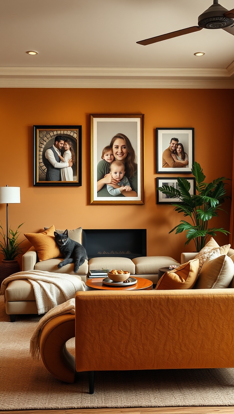 20 Cozy Ideas to Brighten Up Your Warm-Toned Living Room - 20. Personalize with Family Photos in Warm Frames