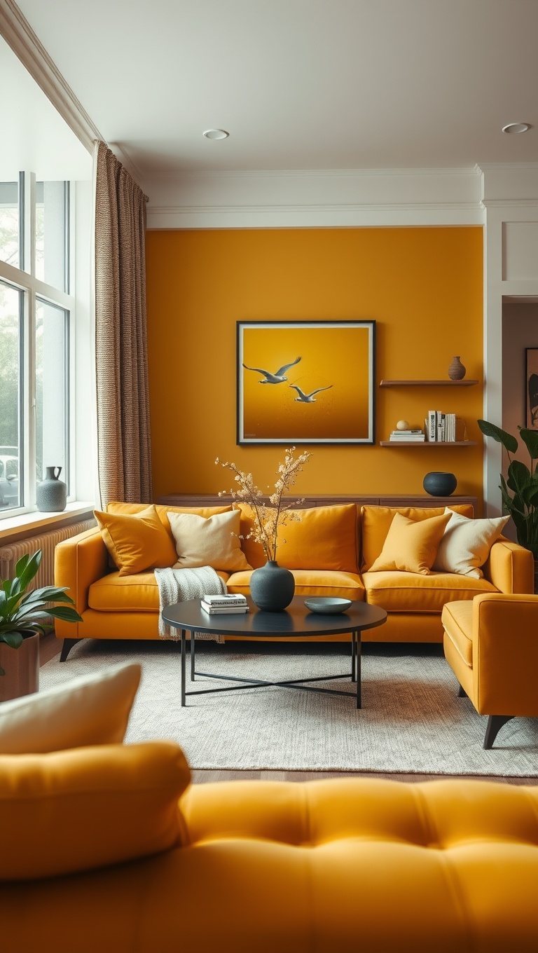 20 Cozy Ideas to Brighten Up Your Warm-Toned Living Room - 6. Add a Pop of Color with Mustard Yellow