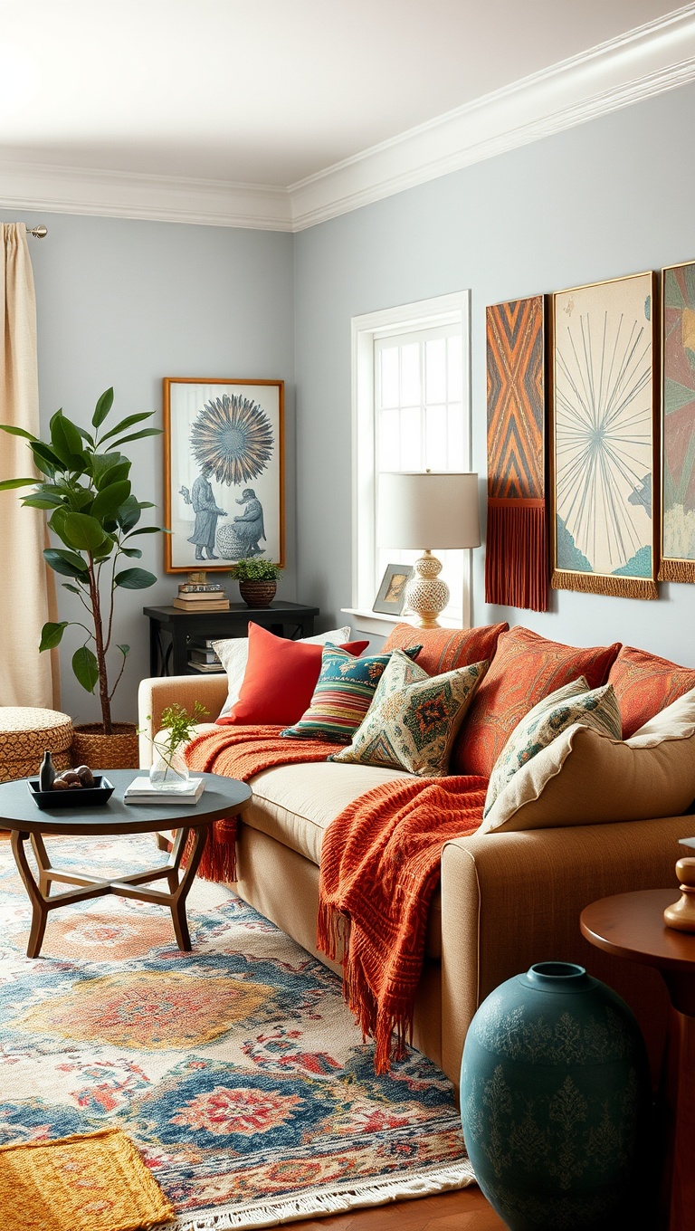 20 Whimsical Ideas to Transform Your Living Room into a Dreamy Escape - 17. Incorporate Eclectic Textiles: From Throws to Pillows