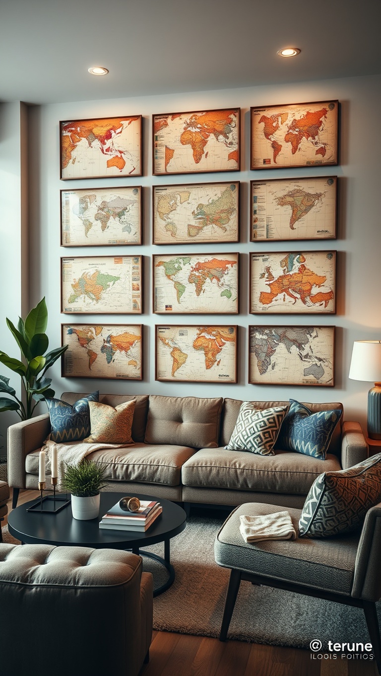 20 Stunning Ideas for Accent Walls in Your Living Room - 12. Vintage Maps for a Travel Theme