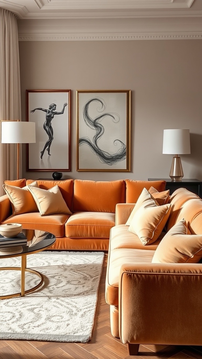 20 Aesthetic Living Room Ideas to Transform Your Space - 17. Luxe Fabrics: Velvet Sofas and Silk Pillows