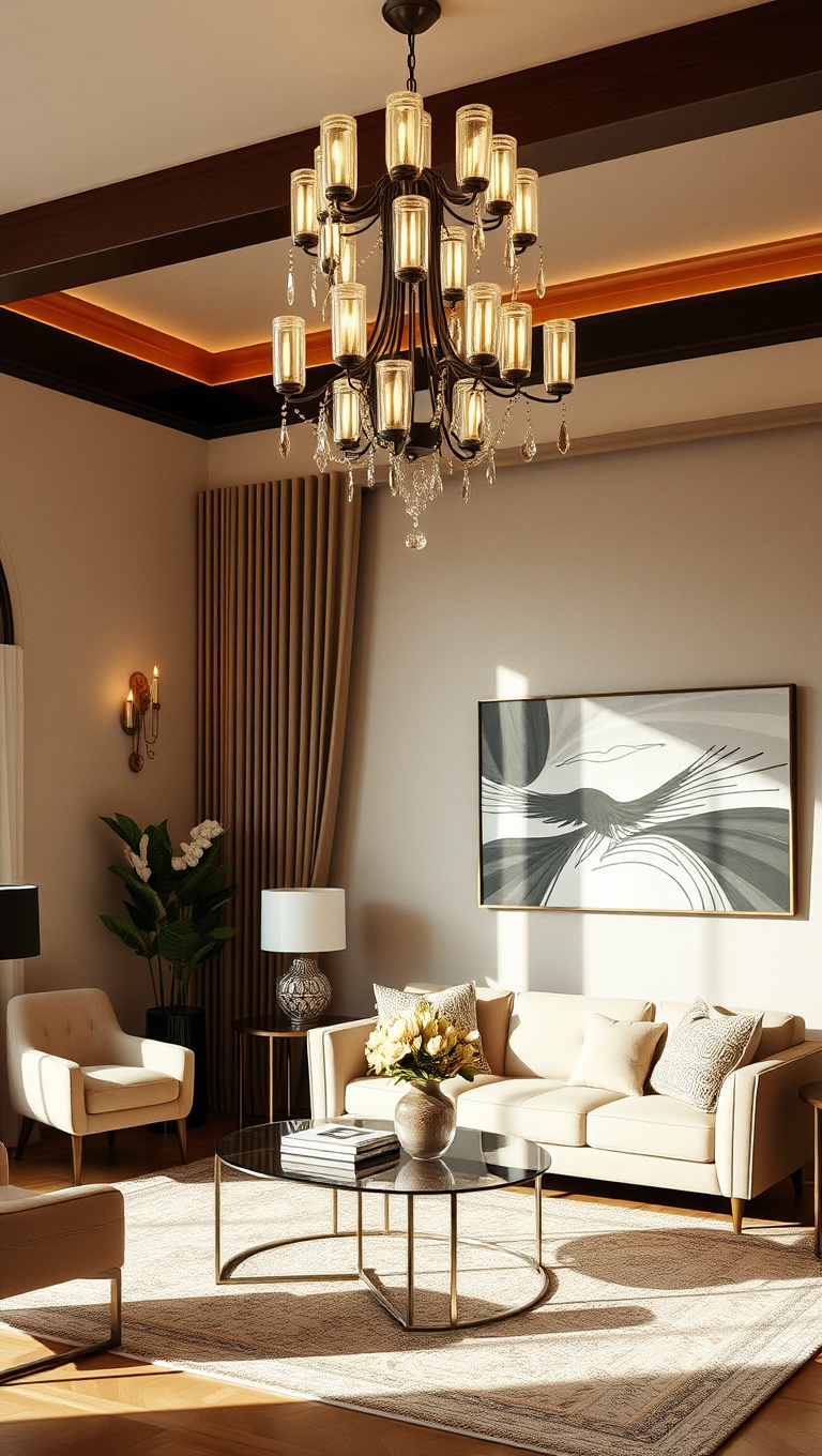 20 Dazzling Ideas for Art Deco Living Rooms: Glam Up Your Space! - 4. Add a Statement Chandelier