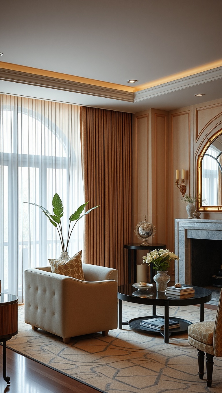 20 Dazzling Ideas for Art Deco Living Rooms: Glam Up Your Space! - Choose Elegant Curtains