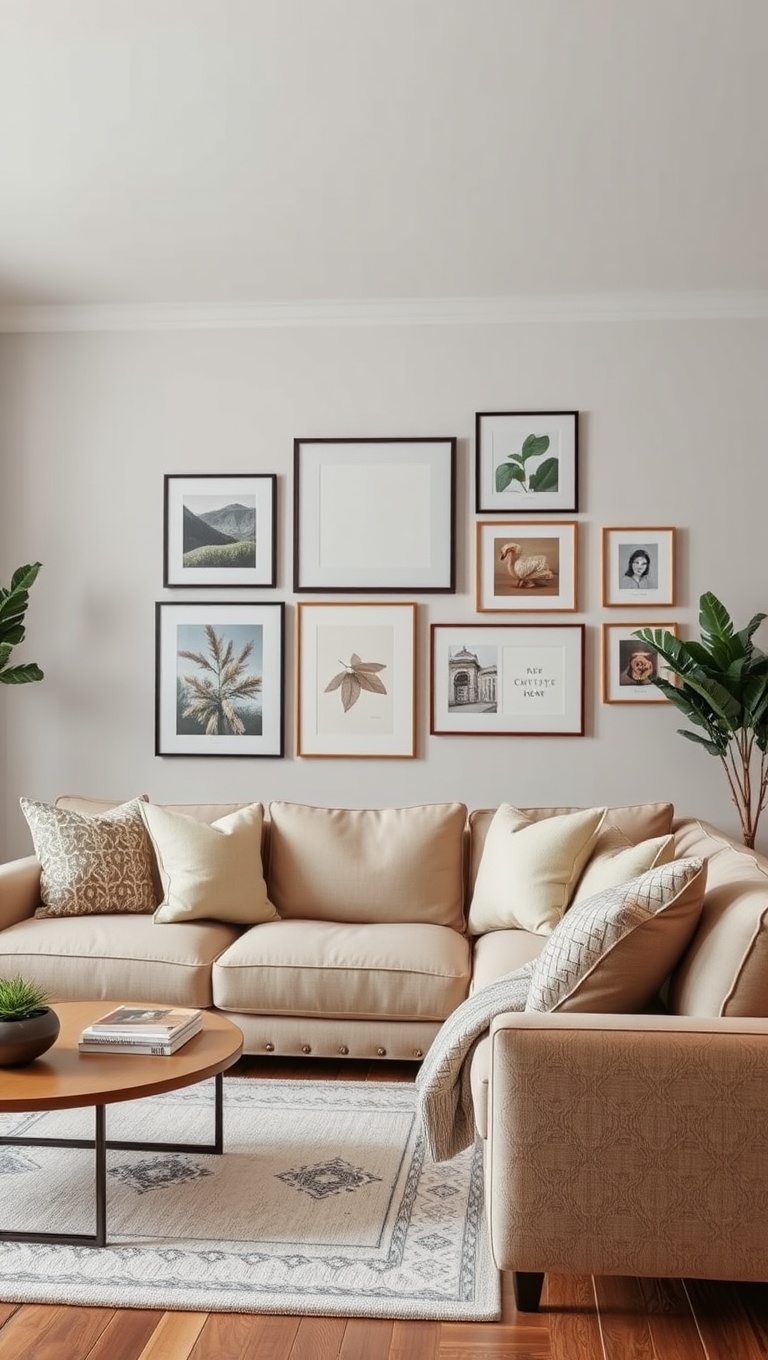 20 Stunning Ideas to Elevate Your Beige Couch Living Room - 4. Create a Gallery Wall