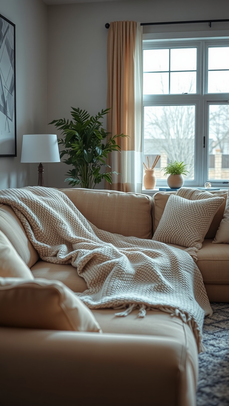 20 Stunning Ideas to Elevate Your Beige Couch Living Room - 2. Layer with Textured Blankets