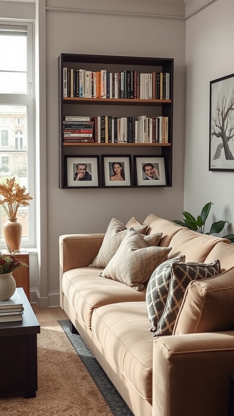20 Stunning Ideas to Elevate Your Beige Couch Living Room - 11. Display Your Favorite Books