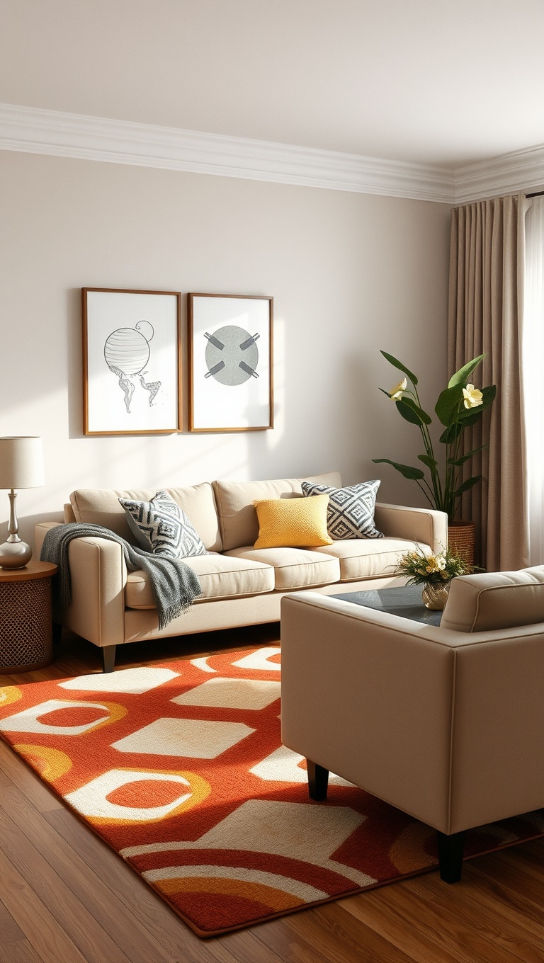 20 Stunning Ideas to Elevate Your Beige Couch Living Room - 3. Add a Bold Area Rug