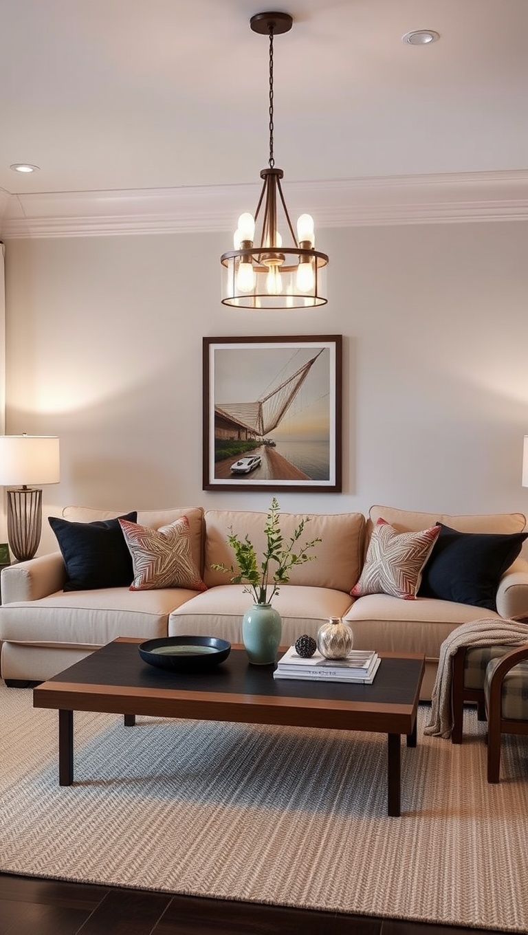 20 Stunning Ideas to Elevate Your Beige Couch Living Room - 7. Feature a Statement Light Fixture