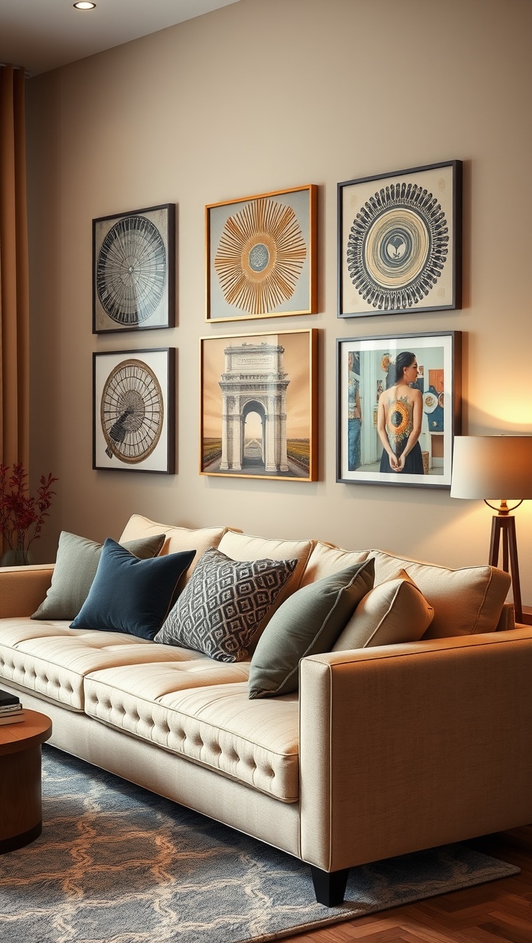 20 Stunning Ideas to Elevate Your Beige Couch Living Room - 16. Showcase Unique Wall Art
