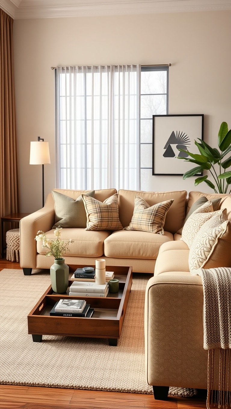 20 Stunning Ideas to Elevate Your Beige Couch Living Room - 9. Use Decorative Trays for Organization