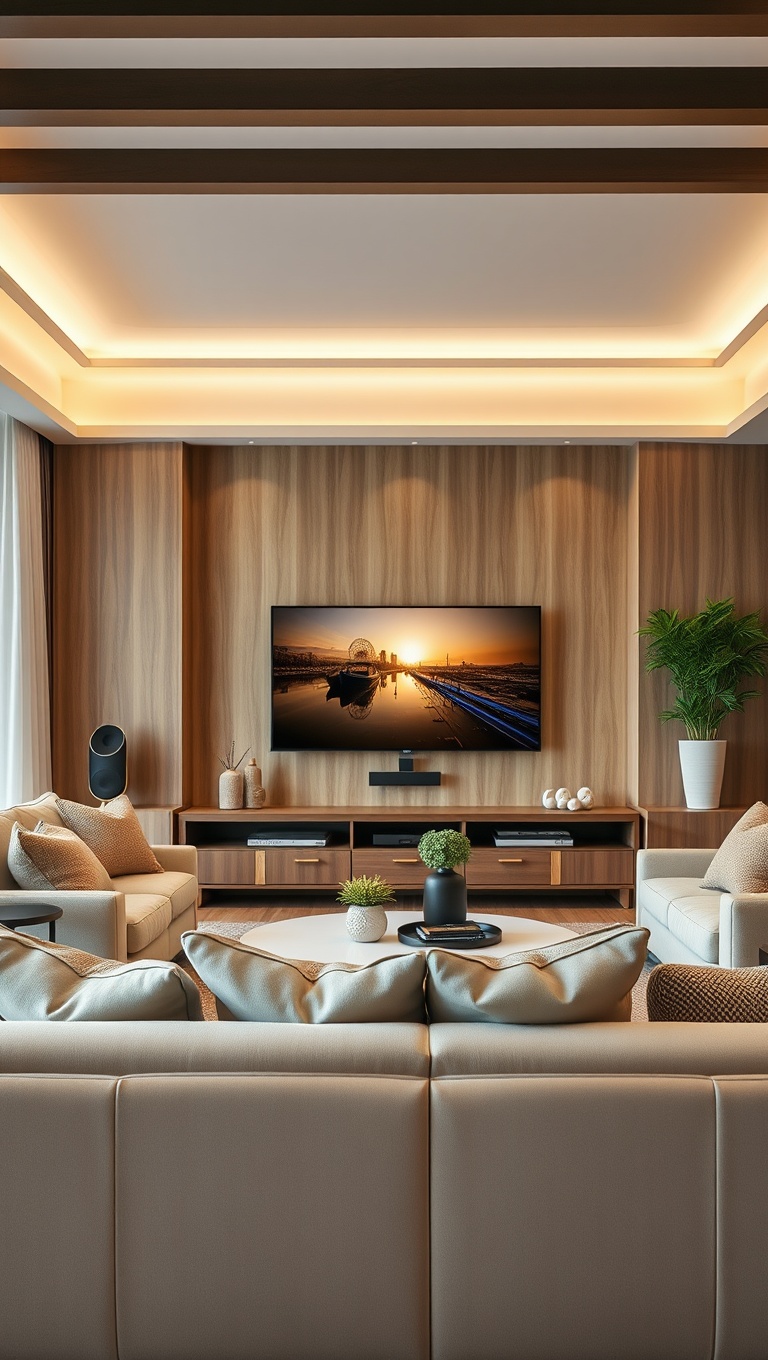 20 Stunning Ideas to Elevate Your Beige Couch Living Room - 18. Design a Functional Entertainment Center