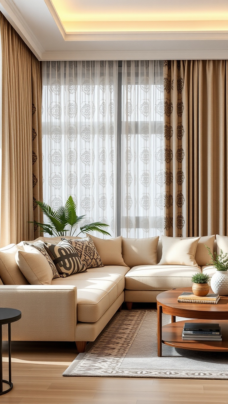 20 Stunning Ideas to Elevate Your Beige Couch Living Room - 8. Play with Patterns in Curtains