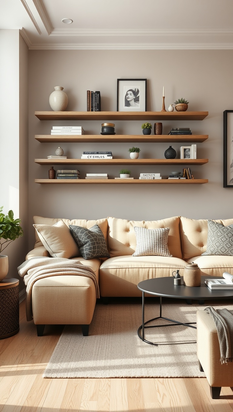 20 Stunning Ideas to Elevate Your Beige Couch Living Room - 17. Utilize Floating Shelves