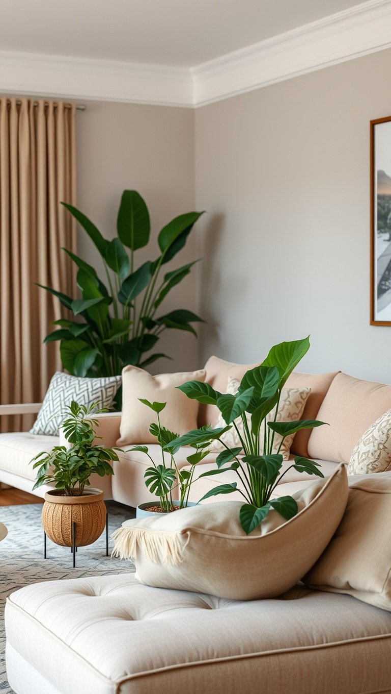 20 Stunning Ideas to Elevate Your Beige Couch Living Room - 12. Add Greenery with Potted Plants