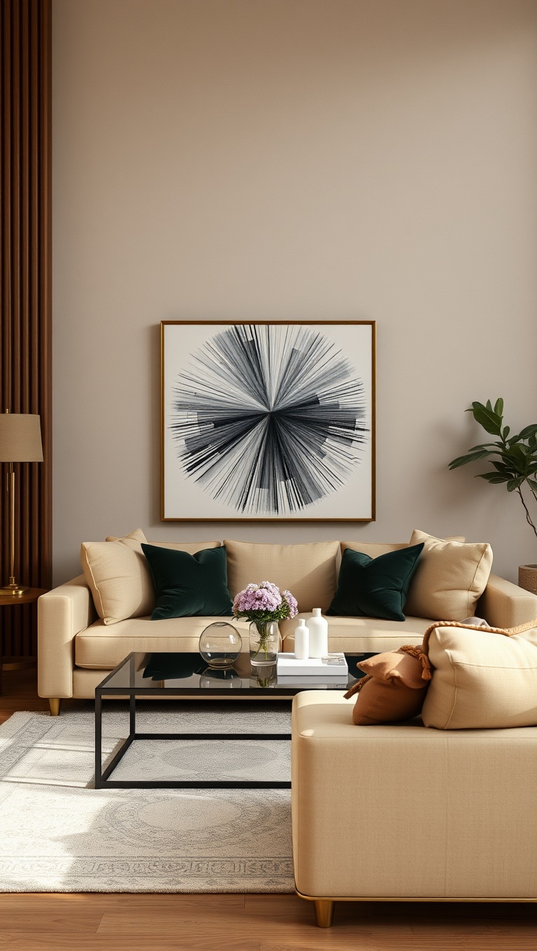 20 Stunning Ideas to Elevate Your Beige Couch Living Room - 14. Incorporate Metallic Accents