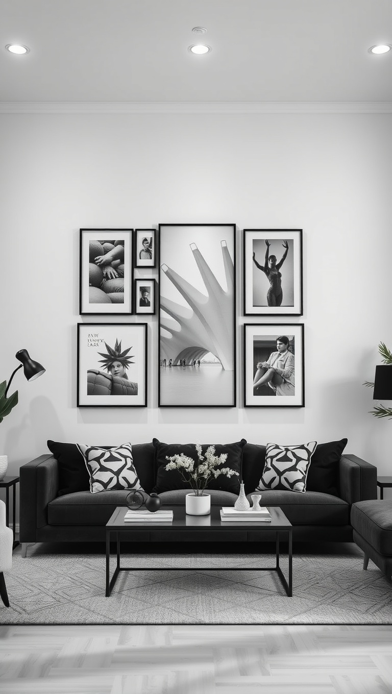 20 Chic Ideas to Elevate Your Black and White Living Room - 16. Layered Wall Art: Create a Gallery Wall