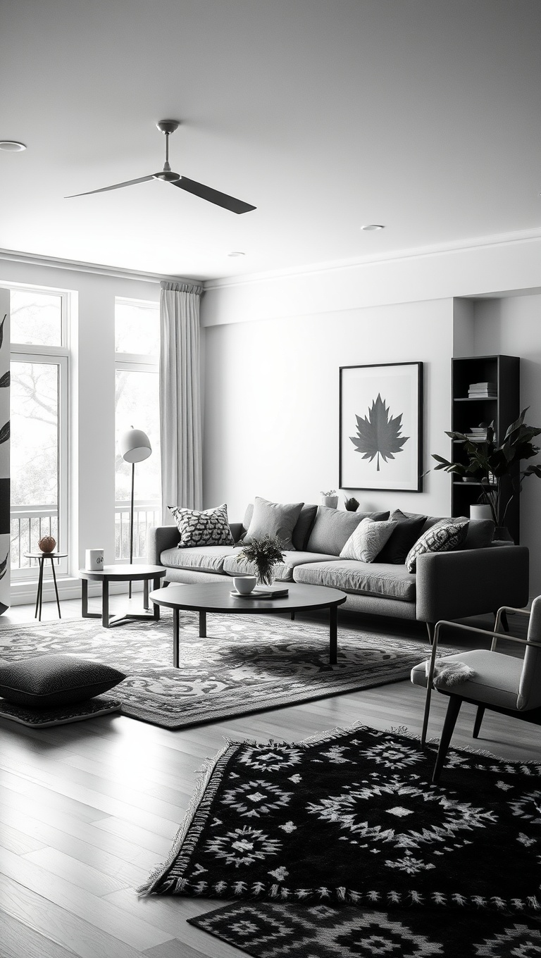 20 Chic Ideas to Elevate Your Black and White Living Room - 5. Stylish Rugs: Adding Patterns to Your Floor