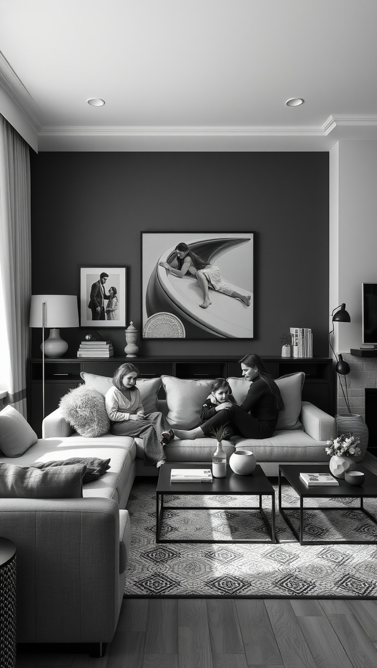 20 Chic Ideas to Elevate Your Black and White Living Room - 18. Personal Touch: Family Photos in Monochrome