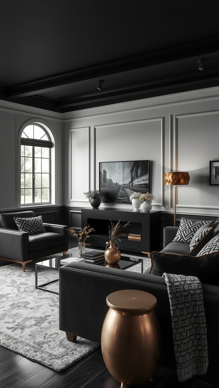 20 Chic Ideas to Elevate Your Black and White Living Room - 9. Incorporate Metallics: Silver and Gold Touches