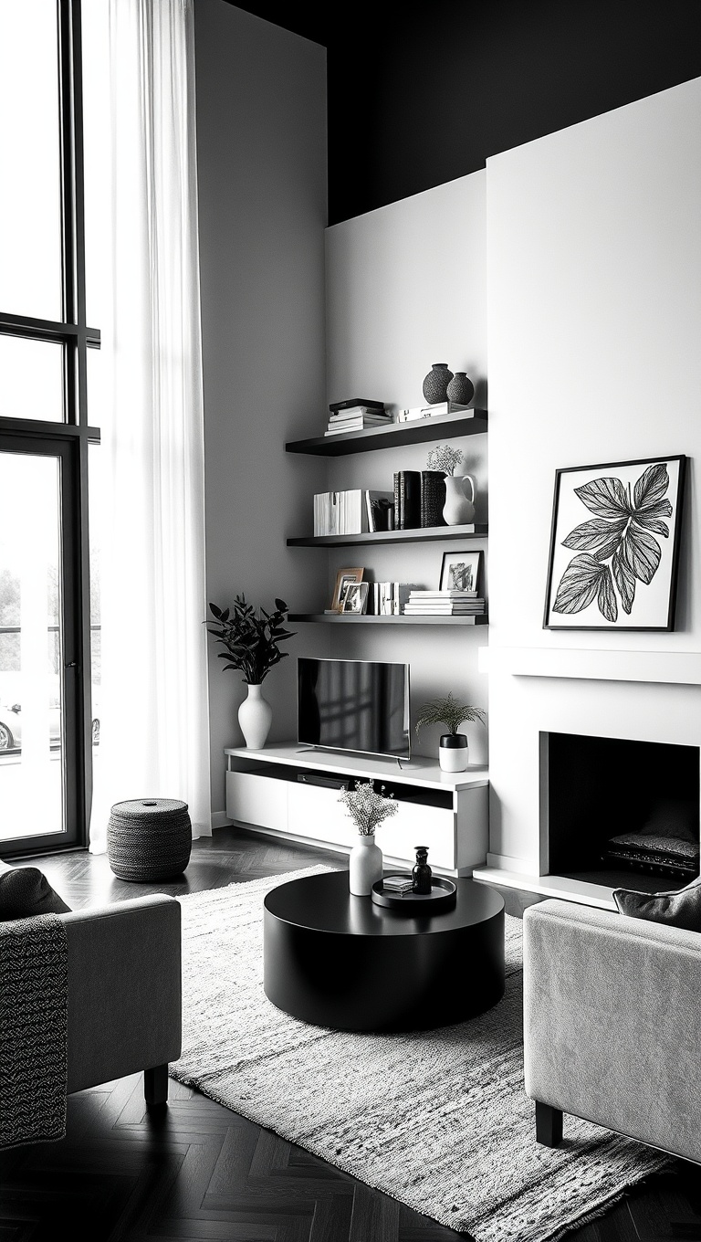 20 Chic Ideas to Elevate Your Black and White Living Room - 13. Open Shelving: Show Off Your Decor