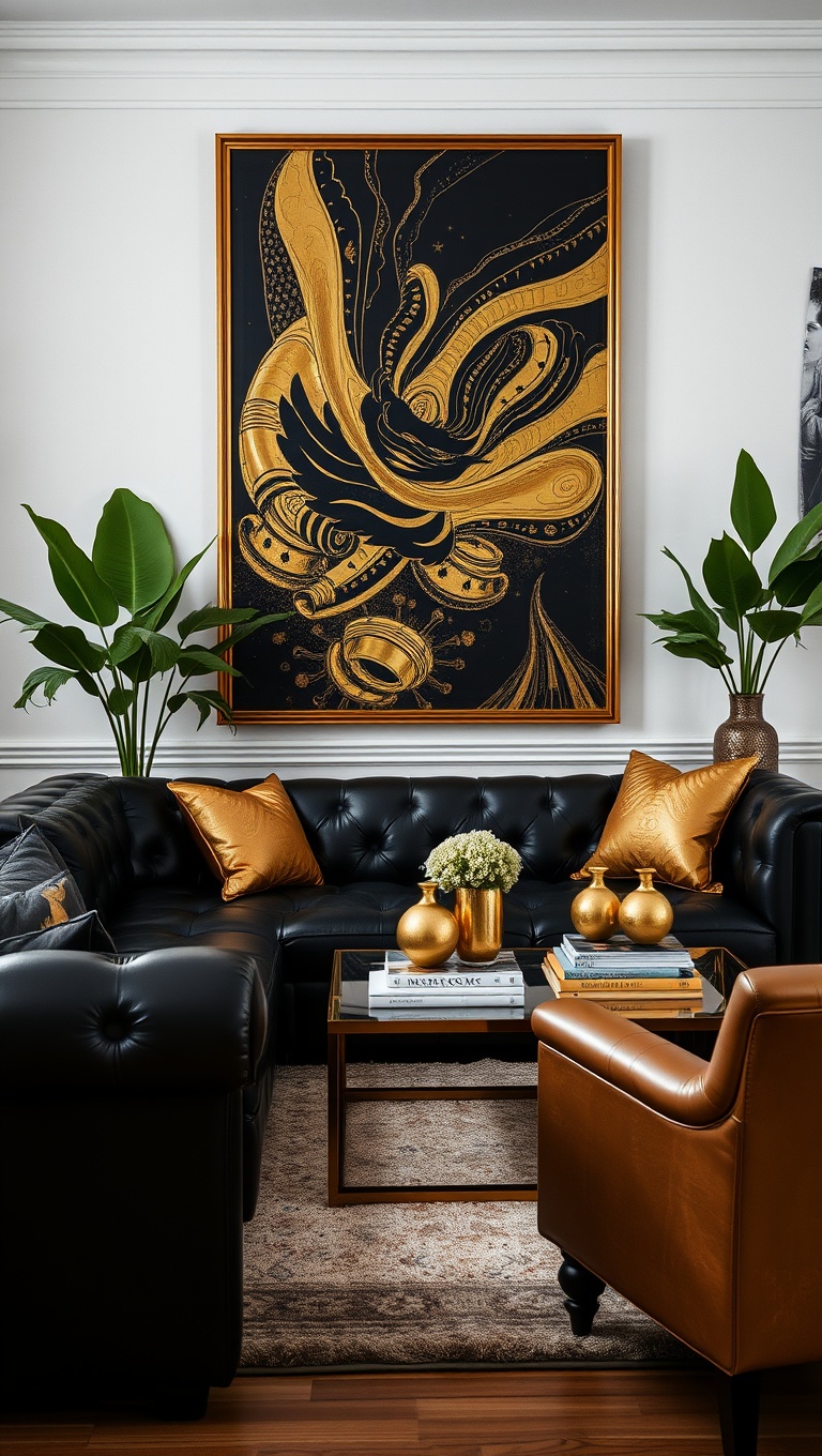 20 Chic Ideas for Styling Your Black Couch Living Room - Pops of Gold: Glam it Up!