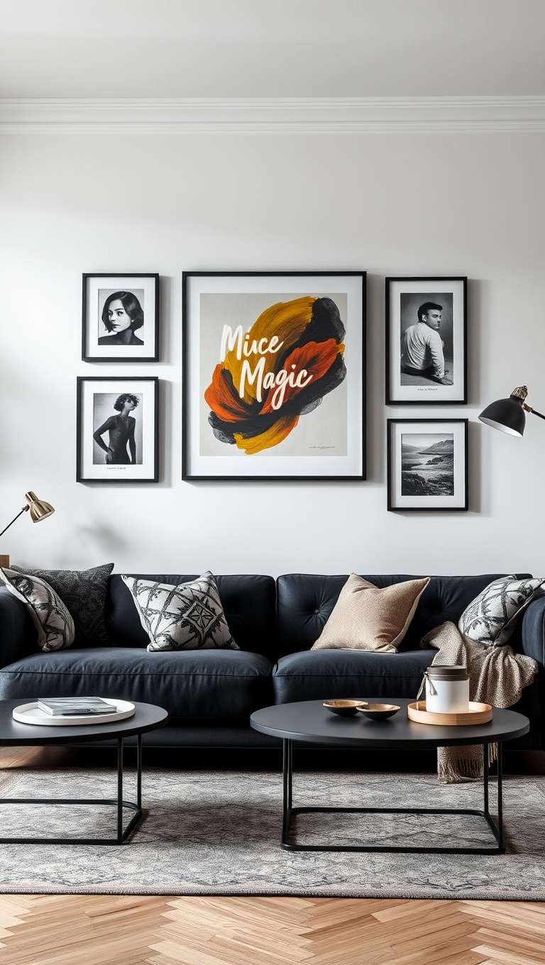 20 Chic Ideas for Styling Your Black Couch Living Room - Gallery Wall Magic: Art Above the Couch