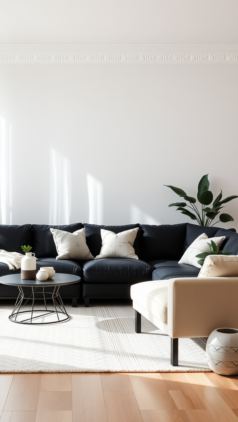 20 Chic Ideas for Styling Your Black Couch Living Room - Brighten Up with Light Colors: White and Cream